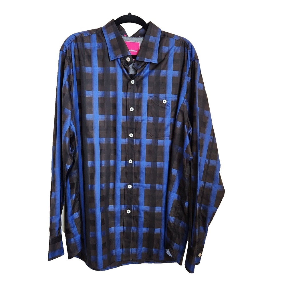 Tommy Bahama Mens Button up Shirt Size XL G Black Blue Check 100% Cotton